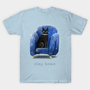 Cartoon black cat in a blue armchair and the inscription "Stay home". T-Shirt